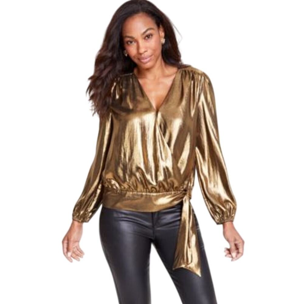 INC International Concepts Women's Foil Tie-Waist Wrap Blouse in Gold